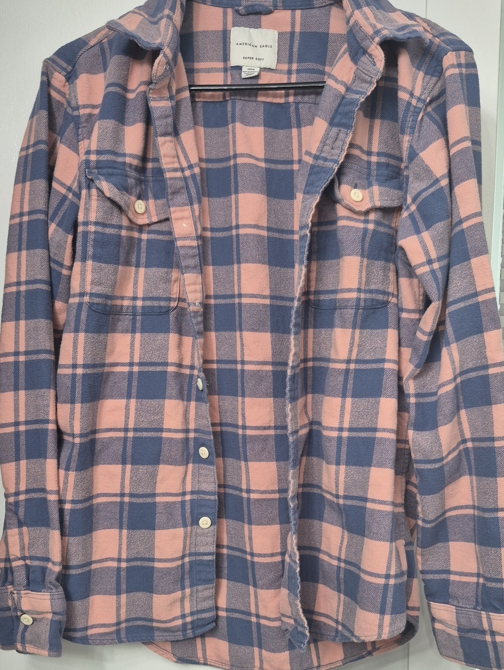 American Eagle Pink and Dusty Blue Plaid Shirt